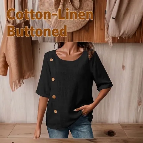 2026 Top Casual da Donna in Cotone e Lino Girocollo a Maniche Corte Camicetta Con Bottoni in Legno Decorativi Camicia a Vestibilità Larga
