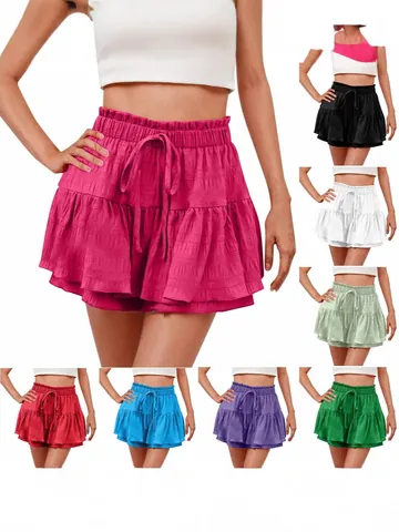 Women Summer Ruffle Skort Solid Color Drawstring Elastic High Waist Casual Shorts Polyester Breathable Beach Mini Skirt Bottom