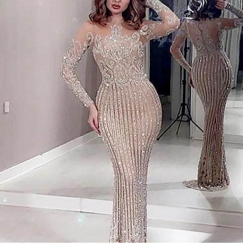 Women Elegant Sequin Maxi Dress Long Sleeve Mesh Patchwork Mermaid Evening Gown Bodycon Formal Banquet Dress