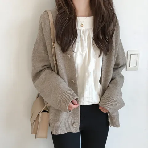 Cárdigan de Punto para Mujer Cuello en V Color Sólido Corte Holgado Cachemira Botonadura Sencilla Manga Larga Prendas de Punto