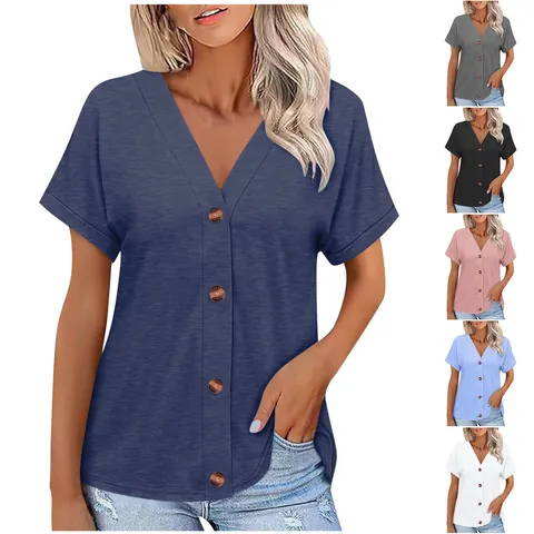 Women V Neck T-Shirt Short Sleeve Casual Loose Solid Color Colored Cotton Top With Button Detail Fashion Summer Clothing