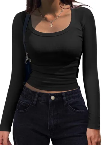 Maglietta da Donna a Costine Scollo Quadrato Aderente Manica Lunga Tinta Unita Casual Maglia di Poliestere Top