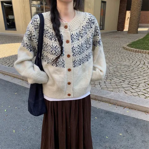 Cárdigan de Jacquard Fair Isle para Mujer Suéter Ajuste Holgado Punto de Cachemira Cuello Redondo Con Botones Estilo College Top