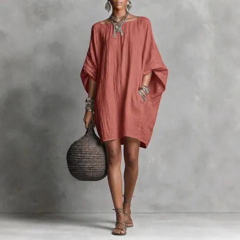 Women Casual Bohemian Batwing Sleeve Loose Dress Faux Cotton Linen Solid Color Pleated Midi Dress Summer Vacation Beach Dress