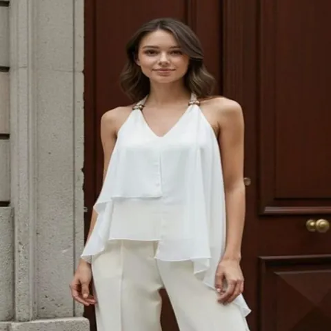 Canotta da Donna in Chiffon di Poliestere con Scollo all'Americana Elegante Francese Casual Orlo Asimmetrico Bianco Top Senza Maniche Estate