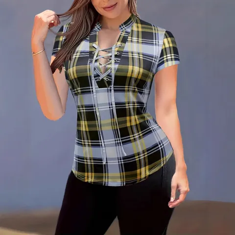 Haut Imprimé à Carreaux pour Femmes Col Montant Laçage Poitrine Coupe Ajustée Manches Courtes T-Shirt d'Été Sexy Casual