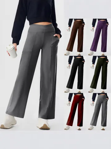 Women High Waist Straight Leg Yoga Pants Elastic Athletic Workout Trousers With Pockets Solid Color Sportswear