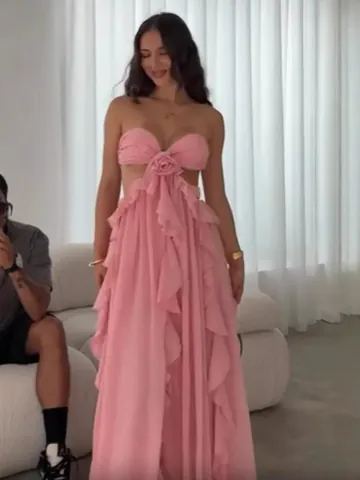 Dames Zomer Chiffon Maxi Jurk Elegant Tube Top Cut-Out Ruffle Fairy Jurk 3D Bloemen Strand Vakantie Patchwork Jurk