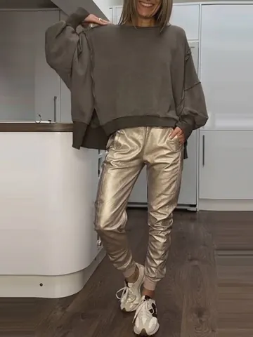 Women Casual Solid Color Round Neck Long Sleeve Side Slit Top And Pants Polyester Tracksuit Loungewear Lounging Outfit