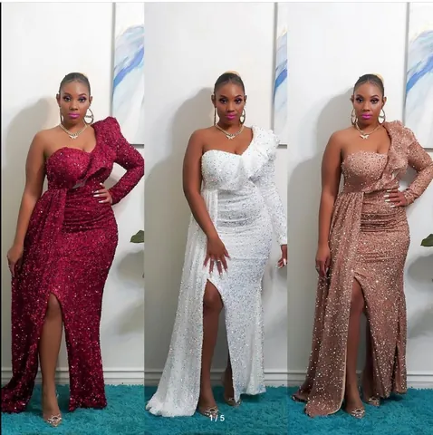 Damen Elegantes One-Shoulder-Pailletten-Maxikleid Schlitz Rüschen Langarm Abendkleid Für Bankett Party Hochzeit Afrikanisch