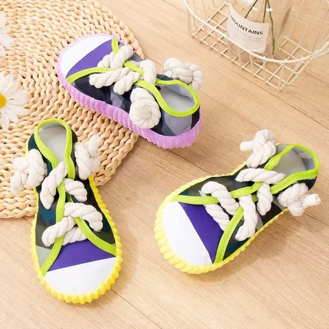 Pet Dog Squeaky Toy Canvas Sneaker Shape Chew Toy With Durable Cotton Rope For Teeth Cleaning Interaction Training Fun