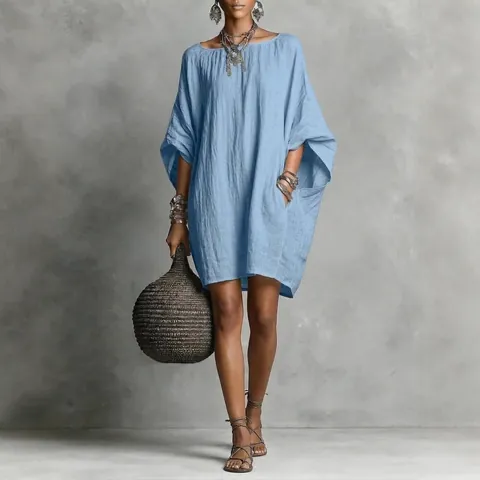 Women Casual Bohemian Batwing Sleeve Loose Dress Faux Cotton Linen Solid Color Pleated Midi Dress Summer Vacation Beach Dress