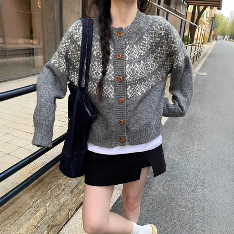 Cárdigan de Jacquard Fair Isle para Mujer Suéter Ajuste Holgado Punto de Cachemira Cuello Redondo Con Botones Estilo College Top