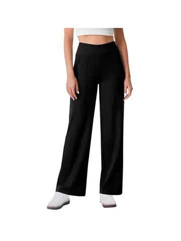 Women High Waist Straight Leg Yoga Pants Elastic Athletic Workout Trousers With Pockets Solid Color Sportswear