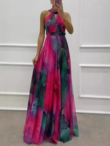 Women's Sleeveless Halter Neck Abstract Print Maxi Dress Fashion High Waist Large Hem Tie-neck Vacation Party Dress