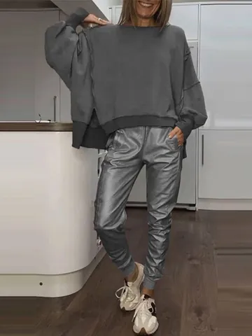 Women Casual Solid Color Round Neck Long Sleeve Side Slit Top And Pants Polyester Tracksuit Loungewear Lounging Outfit