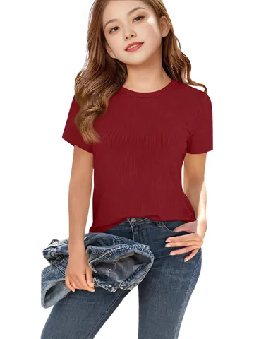 Women Girl Slim Fit Ribbed T-Shirt Polyester Solid Color Crew Neck Short Sleeve Basic Tee Casual Summer Top