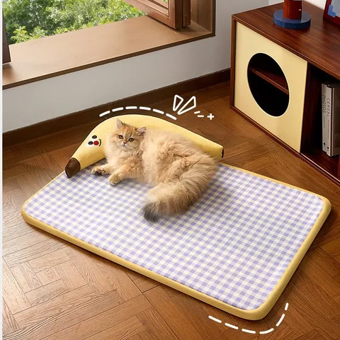 Banaanvorm Huisdierbed Zomer Koelmat Voor Katten Kleine Honden Paars Geruit Afneembaar Wasbaar Huisdier Slaapbed Kussen Sofa