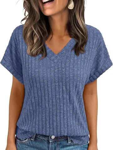 Dames Casual V-hals Geribbeld T-Shirt Korte Mouw Zomer Top Effen Kleur Polyester Elastaan Losse Pasvorm Tee