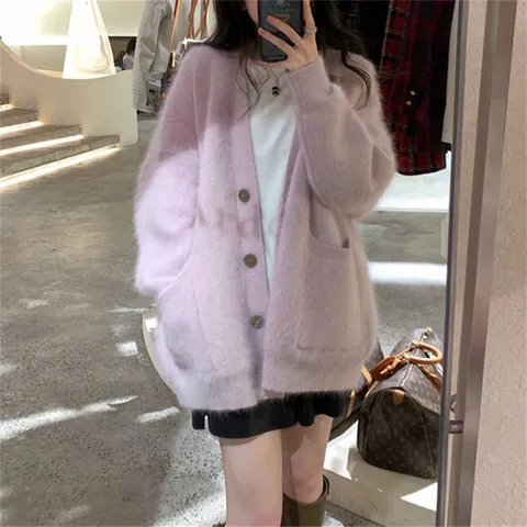 Women Top Faux Mink Fur Cardigan Sweater Loose Long Sleeve Knitwear V Neck Solid Color Soft Warm Winter Coat For Lady