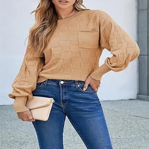 Women's Casual Pullover Sweater Crew Neck Long Sleeve Knit Top With Pocket 3D Grid Pattern Solid Color Warm Autumn Winter Knitwear