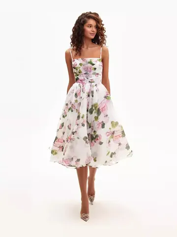 Damen Elegant Floral Chiffon Midi Kleid Spaghettiträger Schulterfrei Rückenfrei Bankett Party Abendkleid Formelles Kleid