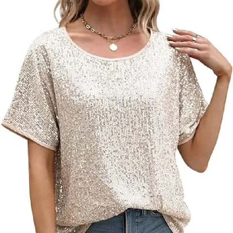 Damen Locker Pailletten Oberteil Lässig Kurzarm Rundhalsausschnitt Glitzer Pullover Party Bluse Glänzend Sommer Shirt