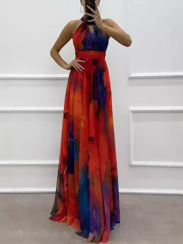 Women's Sleeveless Halter Neck Abstract Print Maxi Dress Fashion High Waist Large Hem Tie-neck Vacation Party Dress