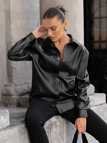 Women's Vintage Black PU Leather Jacket Retro Oversized Turndown Collar Long Sleeve Mid-Length Outerwear Coat For Autumn Winter