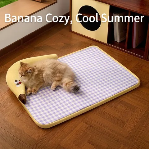 Banaanvorm Huisdierbed Zomer Koelmat Voor Katten Kleine Honden Paars Geruit Afneembaar Wasbaar Huisdier Slaapbed Kussen Sofa