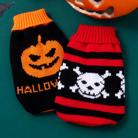 Halloween Pet Dog Sweater Funny Pumpkin Skeleton Knitted Clothes Warm Puppy Apparel For Small Dogs And Cats