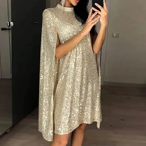 Dames Pailletten Mini Jurk Met Cape Mouwen Staande Kraag Sexy Party Avondjurk Split Lange Mouw Elegante Pailletten Jurk Voor Bruiloft