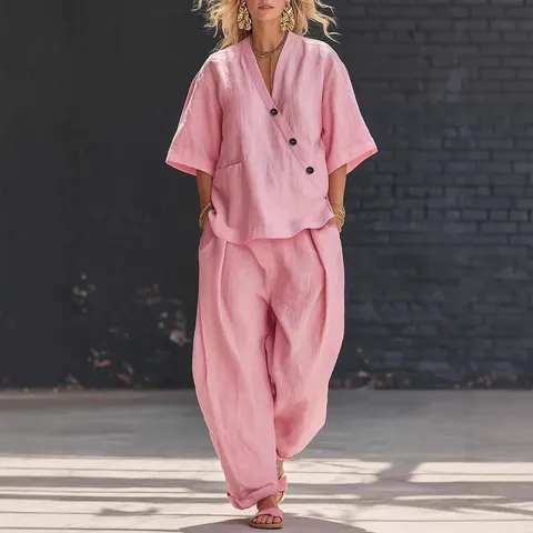 Women European Casual Polyester Cotton V-Neck Short Sleeve Top And High Waist Wide Leg Pants Top And Bottom Matching Outfit