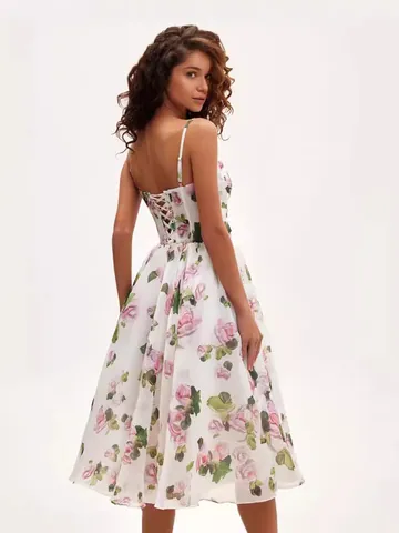 Damen Elegant Floral Chiffon Midi Kleid Spaghettiträger Schulterfrei Rückenfrei Bankett Party Abendkleid Formelles Kleid