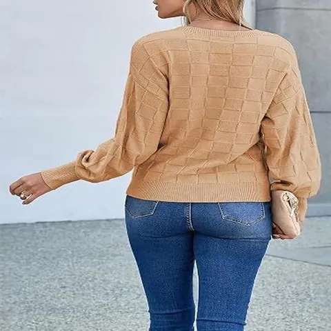 Women's Casual Pullover Sweater Crew Neck Long Sleeve Knit Top With Pocket 3D Grid Pattern Solid Color Warm Autumn Winter Knitwear