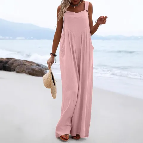 Women Sleeveless Wide Leg Jumpsuit Polyester Casual Ethnic Style Button Decoration Summer Beach Romper For Women Vacation