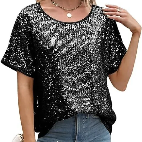 Damen Locker Pailletten Oberteil Lässig Kurzarm Rundhalsausschnitt Glitzer Pullover Party Bluse Glänzend Sommer Shirt