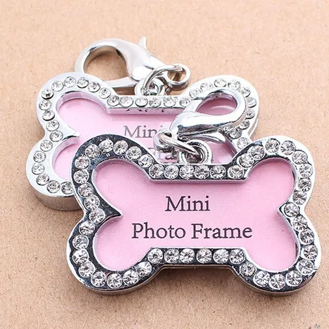 Bone Shaped Pet ID Tag Zinc Alloy Rhinestone Decorative Dog Cat Identification Tag Personalized Mini Photo Frame Hanging Ornament