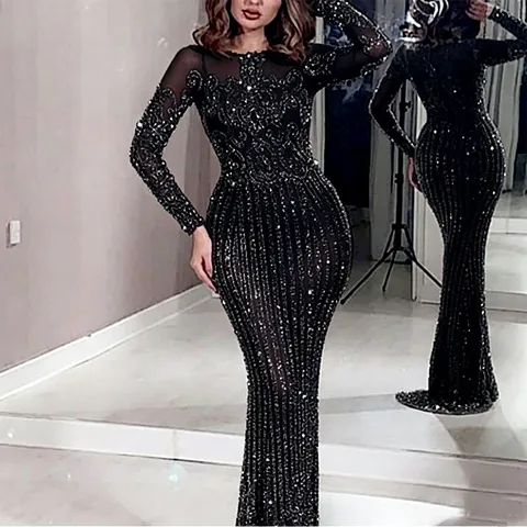 Women Elegant Sequin Maxi Dress Long Sleeve Mesh Patchwork Mermaid Evening Gown Bodycon Formal Banquet Dress
