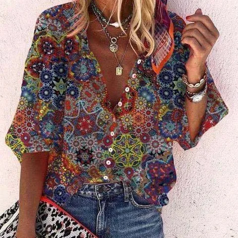 Women's Bohemian Printed V-Neck Long Sleeve Shirt Casual Polyester Loose Retro Floral Blouse Top Summer Vacation Beach Wear