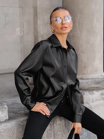 Women's Vintage Black PU Leather Jacket Retro Oversized Turndown Collar Long Sleeve Mid-Length Outerwear Coat For Autumn Winter
