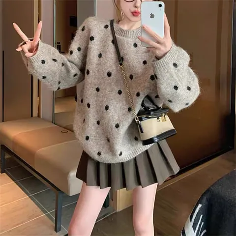 Maglione Donna Vintage a Pois Girocollo in Misto Lana Vestibilità Larga Manica Lunga Maglieria per Autunno Inverno