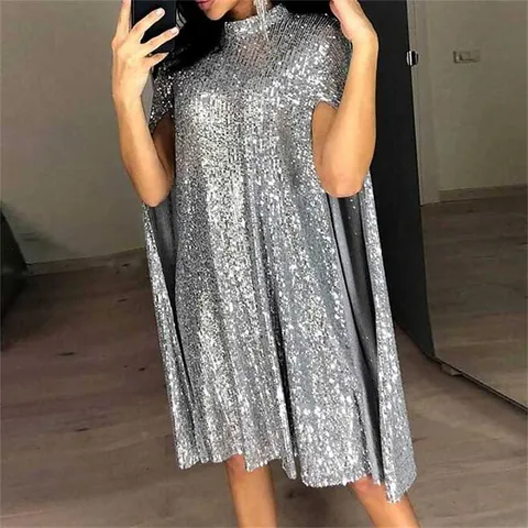 Dames Pailletten Mini Jurk Met Cape Mouwen Staande Kraag Sexy Party Avondjurk Split Lange Mouw Elegante Pailletten Jurk Voor Bruiloft