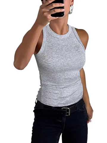 Damen Geripptes Racerback Tanktop Schlanke Passform Rundhals Ärmellos Polyester Gestrickt Sommer Lässig Basic Top