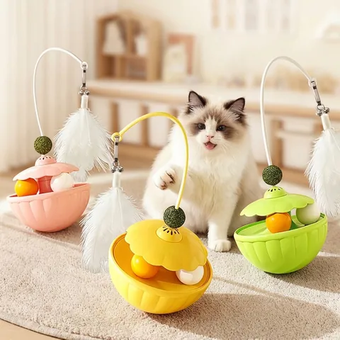 Juguete Tentetieso Interactivo para Gatos Con Varita de Plumas Bola de Hierba Gatera Dispensador de Premios Educativo Plástico PP Juguete para Gatos de Interior