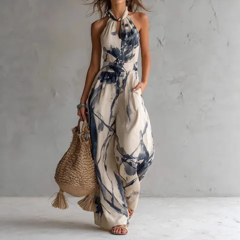 Women Halter Neck Backless Sleeveless Digital Print Wide Leg Jumpsuit Summer Casual Bohemian Holiday Beach Outfits Long Romper