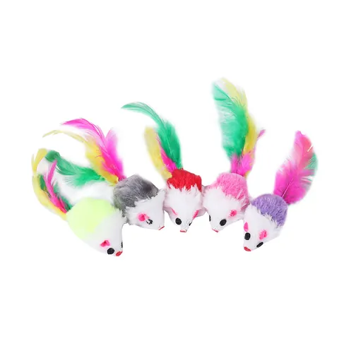 Juguete Interactivo para Gatos Ratón de Peluche Con Cola de Plumas de Colores Ratón Realista para Morder Masticar Entrenamiento Mascota Gatito