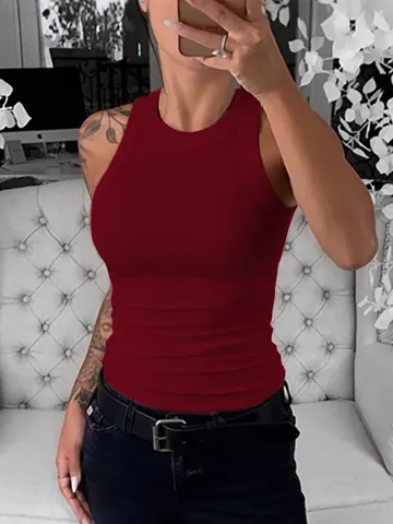 Damen Geripptes Racerback Tanktop Schlanke Passform Rundhals Ärmellos Polyester Gestrickt Sommer Lässig Basic Top
