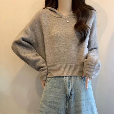 Suéter de Punto con Capucha Corto para Mujer Holgado Suave Pullover Casual Color Sólido Manga Larga para Otoño Primavera