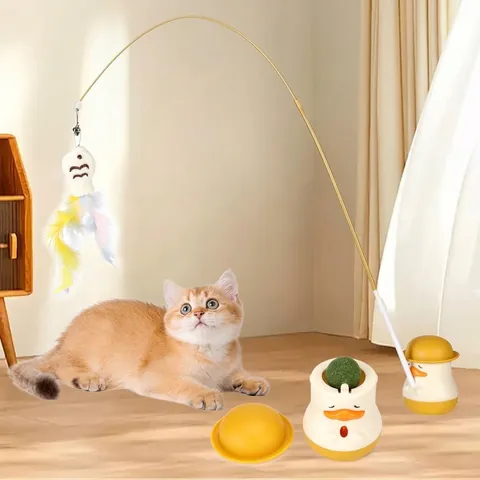 Cute Duck Interactive Cat Toy Rotating Base with Catnip Ball Feather Wand for Indoor Cats Boredom Relief Exercise Pet Supplies